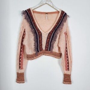 EUC | FREE PEOPLE | Passion Fruit Sweater Fringe Trim Metallic Blush | Sz L